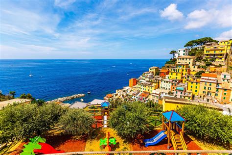 CINQUE TERRE, ITALY July 18, 2020 Classic View of Manarola - Colorful Houses in a Dramatic Cliff ...