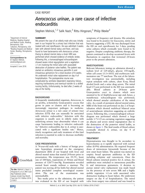 (PDF) Aerococcus urinae , a rare cause of infective endocarditis