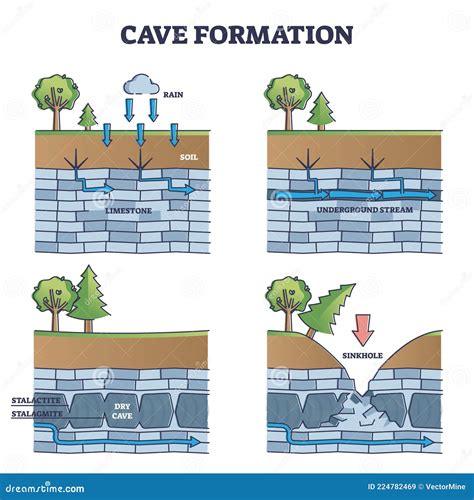 Cave Formation In Limestone Educational Process Explanation Outline Diagram Cartoon Vector ...