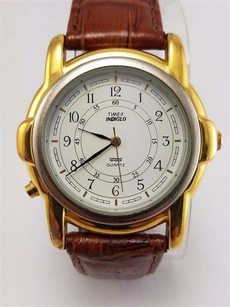 Vintage Timex Indiglo Men Gold Tone Leather Analog Quartz Watch Hour ...