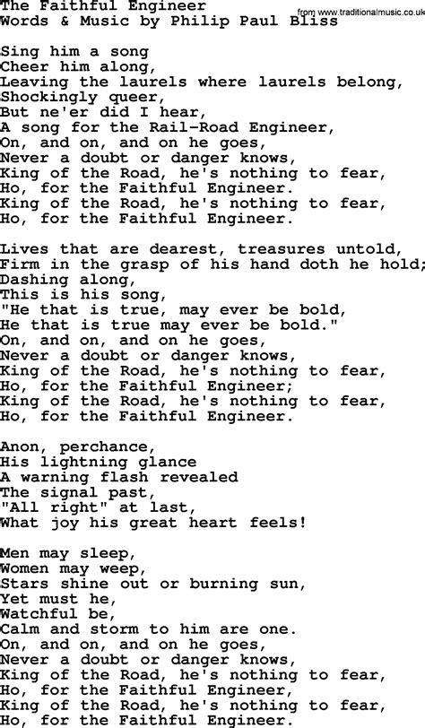 The Faithful Engineer by Philip Bliss - Christian Hymn or Song lyrics