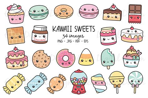 Kawaii Sweets clipart set - 34 cute food images (520385) | Illustrations | Design Bundles