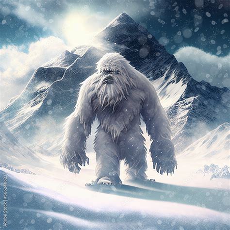 Yeti in the snow covered Himalaya mountains, mysterious furry creature ...