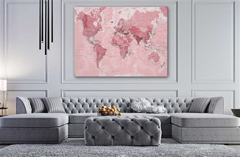 Pink World Map Canvas Wall Art Design Poster Print Decor for - Etsy