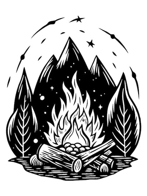 A black and white drawing of a campfire with pine trees in the ...