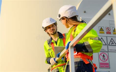 Engineer Technician with Safety Uniform Working at Wind Turbine Field Stock Photo - Image of ...