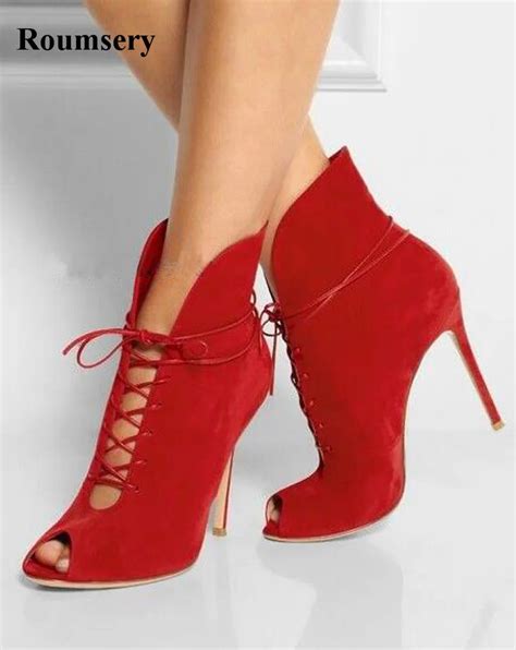 Women New Fashion Open Toe Red Suede Leather Ankle Gladiator Boots Cut out Lace up High Heel ...