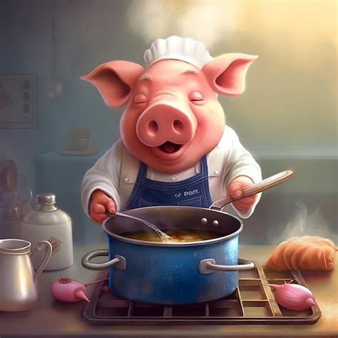 Premium AI Image | A pig is cooking in a kitchen with a blue pot on the stove.