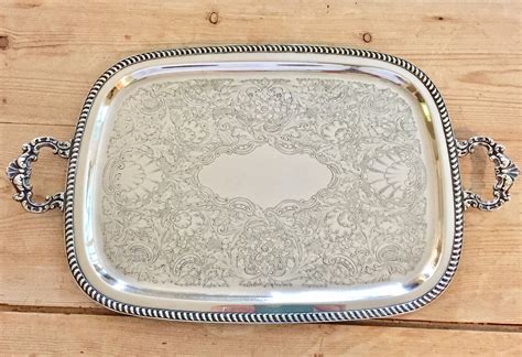 Vintage Silver Plate Serving Tray, 20 Inch Butler's Tray, Silver Barware Tray, Rope Braiding ...