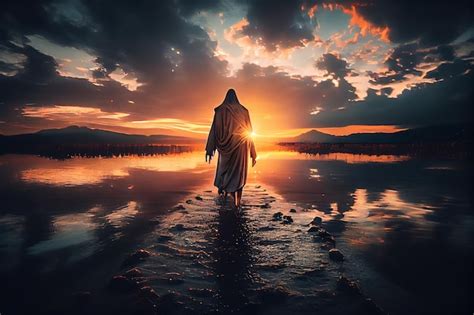 Premium Photo | Jesus walks on water against the backdrop of a beautiful sunsetgenerative ai