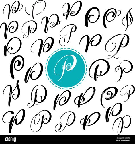 Set letter P. Hand drawn vector flourish calligraphy. Script font. Isolated letters written with ...