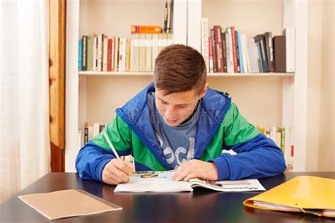 Male Teenager Concentrated Doing Homework Stock Photo - Image of happy, portrait: 35891918