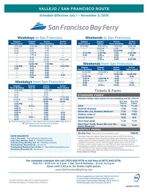 Vallejo to San Francisco Ferry Schedule - Summer 2019 - Vallejo Bay Ferry