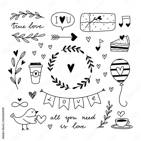 Cute love theme vector illustrations. Hand drawn love doodles Stock ...