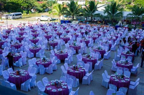 Dining Tables and Chairs are Prepared. Stock Photo - Image of purple, plant: 263558424