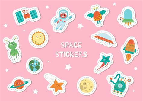 Cute space stickers for children on pink background. Bright flat ...