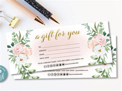 Floral gift certificate template watercolor floral gift voucher flowers pink gift certificate ...