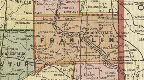 Franklin County, Indiana, 1908 Map, Brookville, Laurel, Oldenburg, Mixerville, Bath, Raymond ...