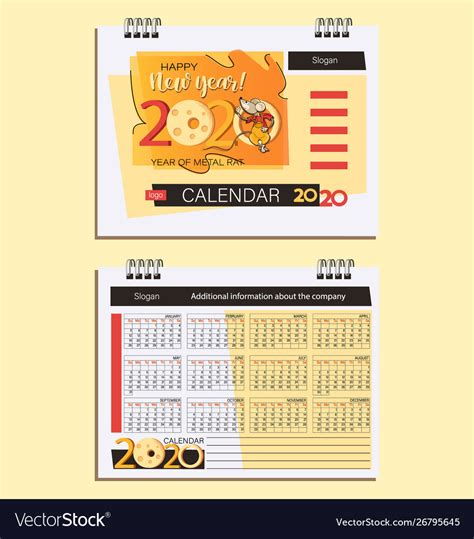 2020 desk calendar template and cute rat Vector Image