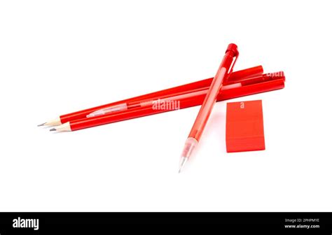 Red Pencil, Pen, Eraser Isolated on White Background, Bright Red ...