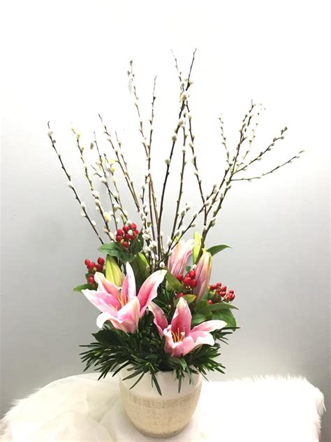 Pussy Willow with Lilies Arrangement (FA16) - FLORAL GARAGE SG