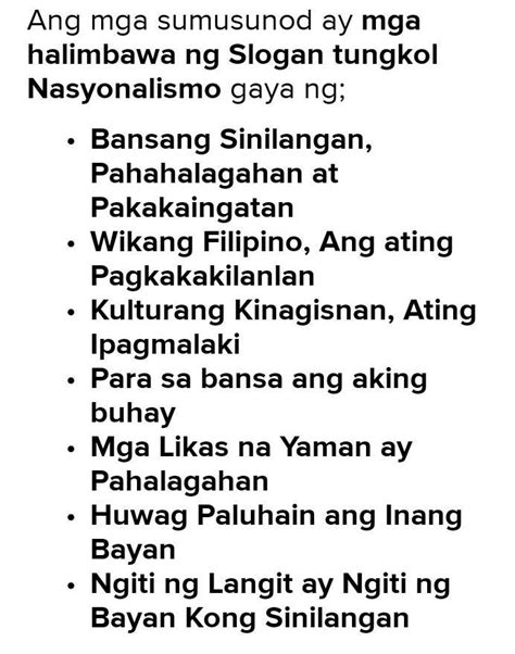 Gumawa ng islogan tungkol sa nasyonalismo - Brainly.ph