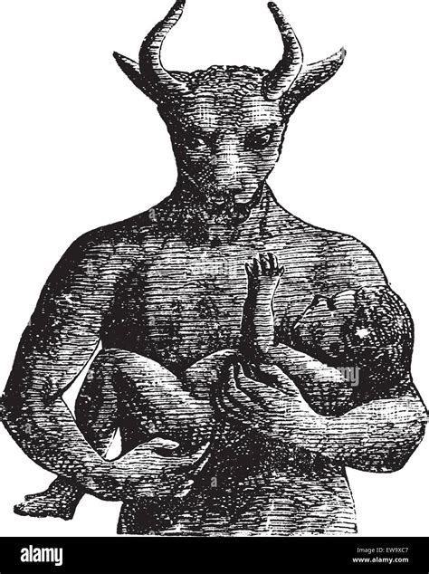 Baal, vintage engraving. Old engraved illustration of Baal, the Phoenician god, carrying a child ...