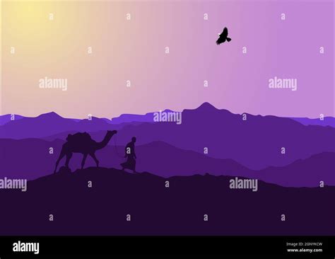 Desert Landscape with Cactus, Hills and Mountains Silhouettes. Vector ...