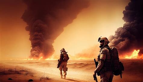 Premium AI Image | Military special forces soldiers crosses destroyed warzone through fire and ...