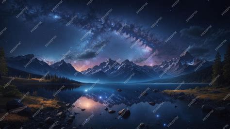 Premium AI Image | Dark landscape trees starry night stars galaxy in ...