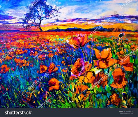 Original Oil Painting Poppy Field Front Stock Illustration 344840135 ...