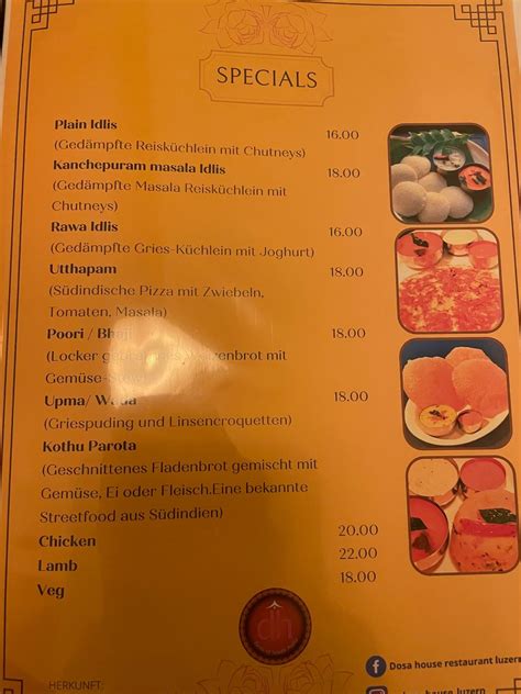 Menu at Dosa House Viktoria, Lucerne