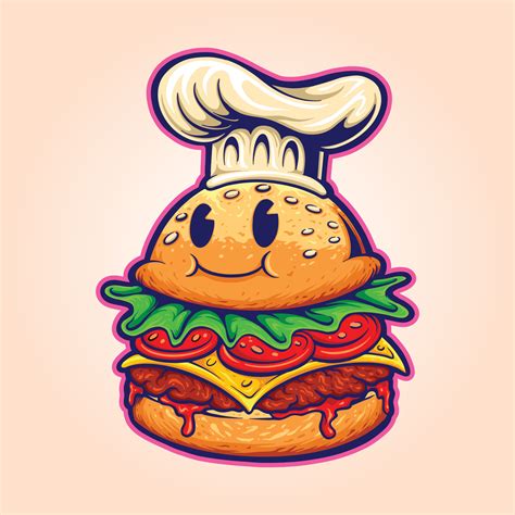 Burger chef food cartoon character logo mascot Illustrations 6923415 Vector Art at Vecteezy