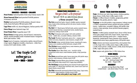 Menu at Mustard and Relish restaurant, Port Dover