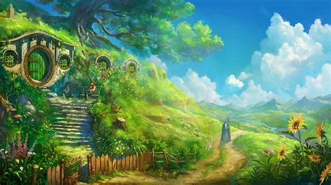 Wallpaper : landscape, painting, forest, nature, sky, field, green, The Lord of the Rings, Bilbo ...