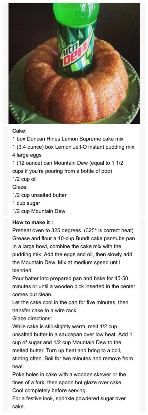 Pin on Bundt cakes | Mountain dew cake, Cake recipes, Delicious cake recipes