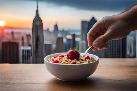 Premium AI Image | a bowl of cereal with strawberry on the background ...