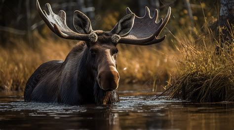 Moose With Big Horns Is Swimming In A Lake Background, Picture Of A ...