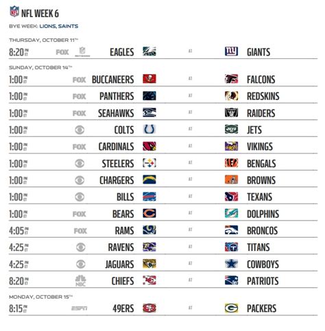 NFL 2018 Schedule Week 6 Regular Season