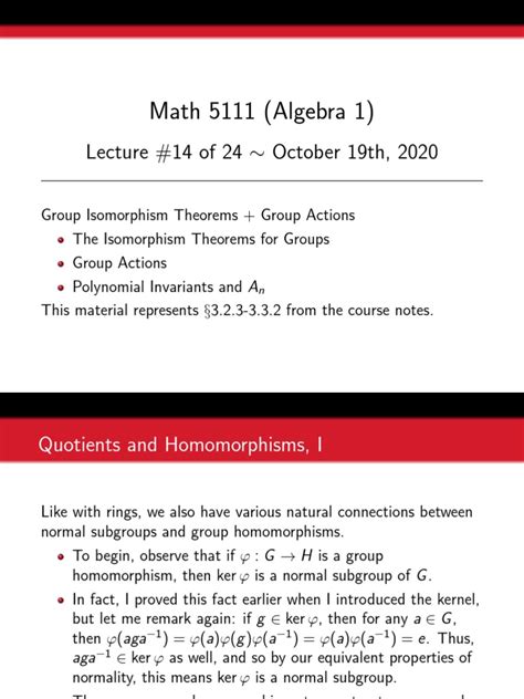 5111 Lecture 14 Isomorphism Theorems Group Actions | PDF | Group (Mathematics) | Algebra