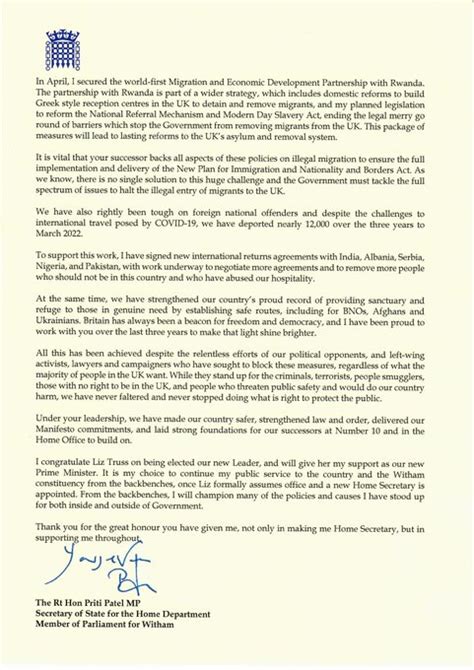 Priti Patel – 2022 Letter of Resignation as Home Secretary – UKPOL.CO.UK