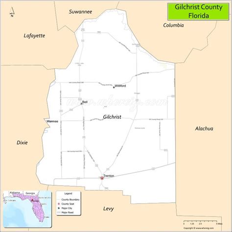 Map of Gilchrist County, Florida showing cities, highways & important ...