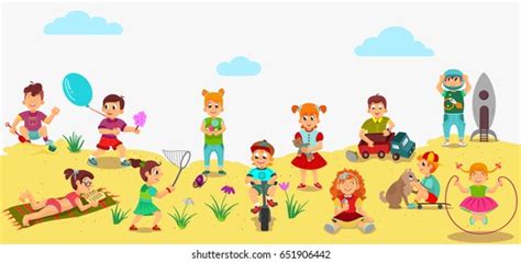 Children Doing Activities On Sandy Beach Stock Vector (Royalty Free) 651906442