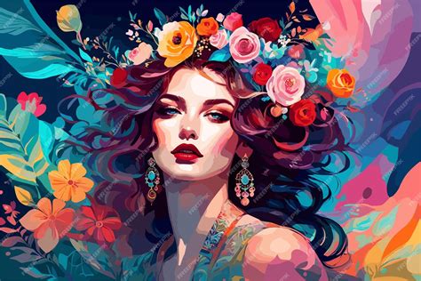 Premium Vector | Beautiful women portrait with flowers vector art wallpaper in colorful background