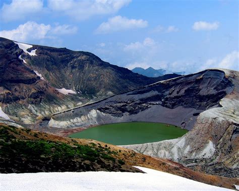 Crater Lake (Okama), Mt. Zao – Honshu, Japan. Mount Zao is a complex volcano on the border ...