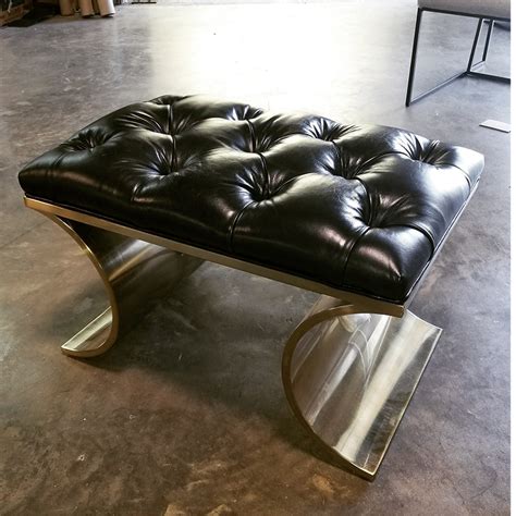 Black Leather Tufted Foot Stool With Iron Base Is Perfect Vanity Stool.