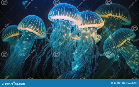 Bioluminescent Jellyfish Glowing Purple and Blue in the Ocean. Sea Creatures Marine Life ...