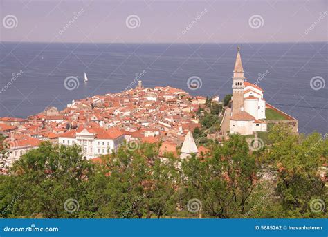 Piran city and cathedral stock photo. Image of piran, architecture ...