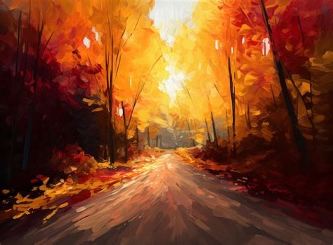 Premium AI Image | Painting of a road in the woods with a bright yellow light generative ai