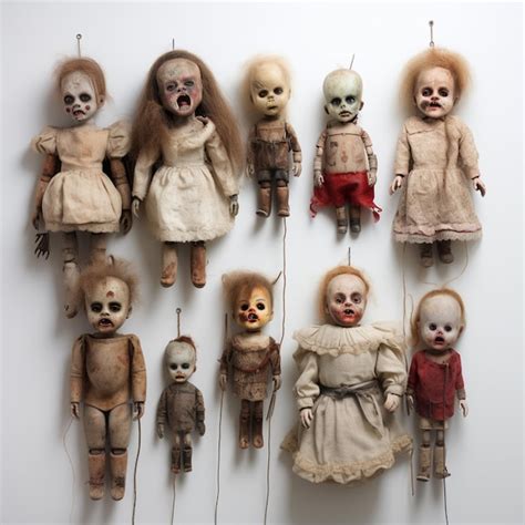 Premium Photo | Scary dolls hanging on white wall